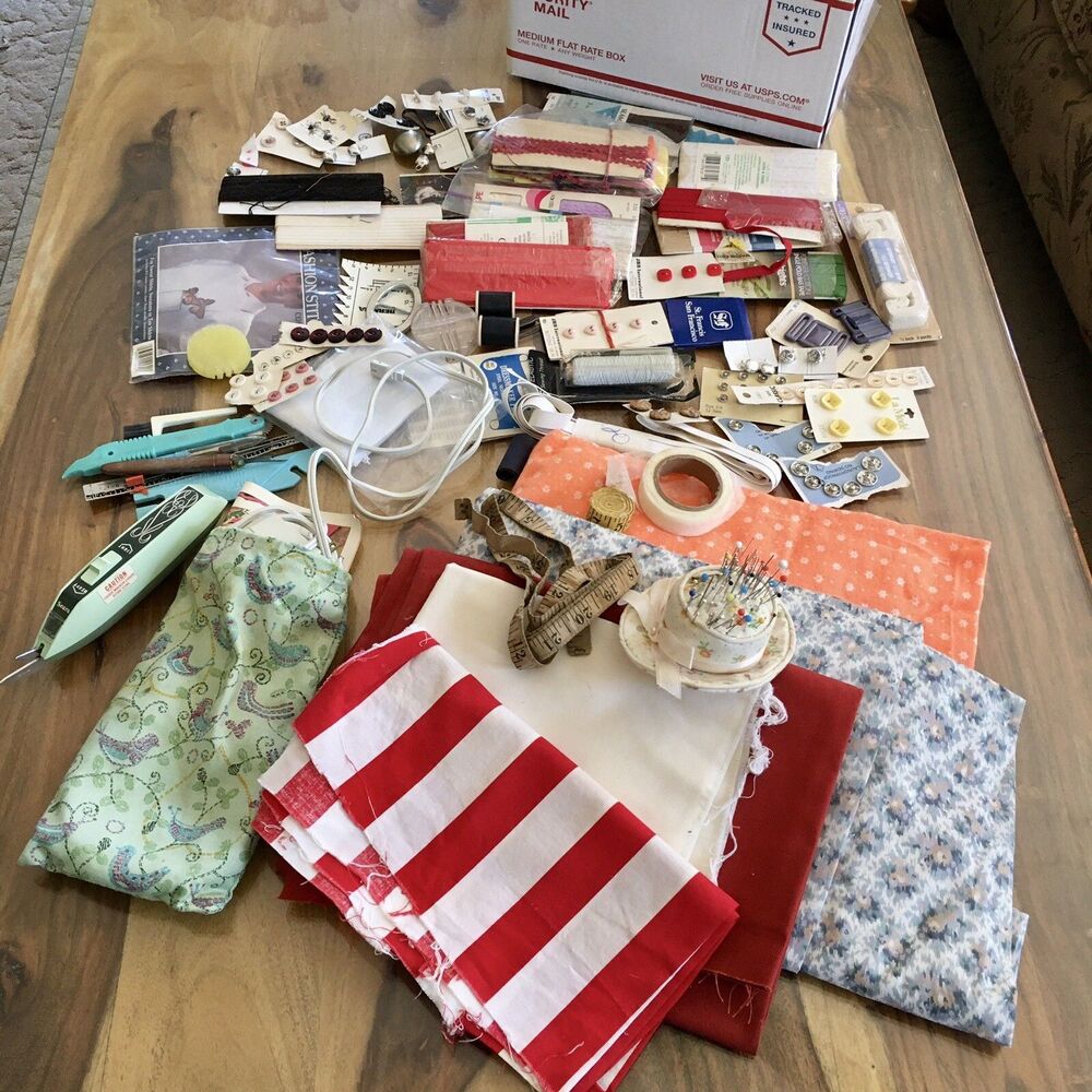 Lot of sewing notions Electric Scissors, Buttons, Trims & Fabric, knit collar